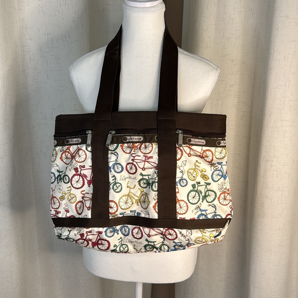 Lesportsac Medium Tote brown and cream bicycles.